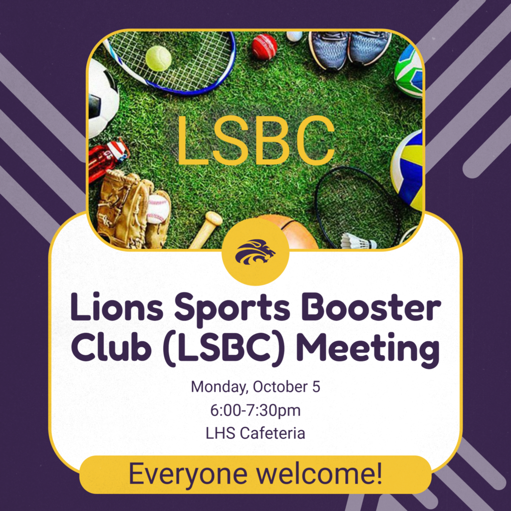 Purple background with an overlay of sports equipment. Text reads "Lions Sports Booster Club (LSBC) Meeting" with date, time, and location.