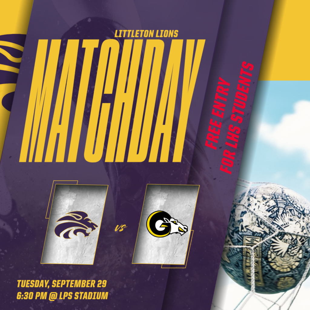 Poster with "MATCHDAY" and a soccer ball. Logos of two teams are on either side. Date and time at bottom.