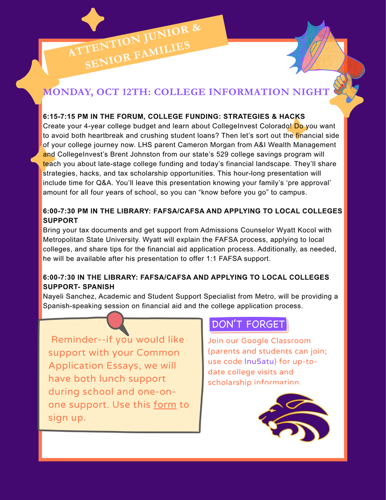 Poster with a purple and blue border featuring text and icons. It lists a college information night on Oct 12.