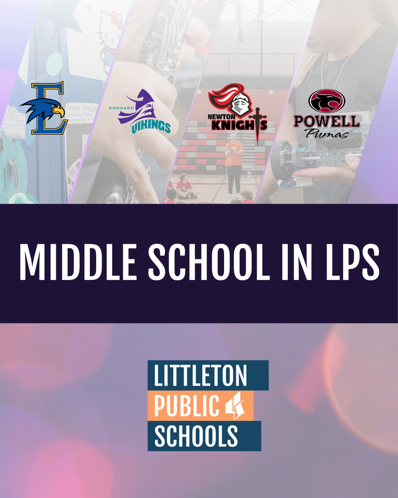 Graphic titled "MIDDLE SCHOOL IN LPS" with logos for Euclid Falcons, Goddard Vikings, Newton Knights, Powell Pumas, and LPS.