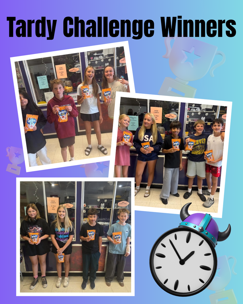 Tardy Challenge Winners graphic showing student groups holding candy prizes and a clock wearing a Viking helmet.