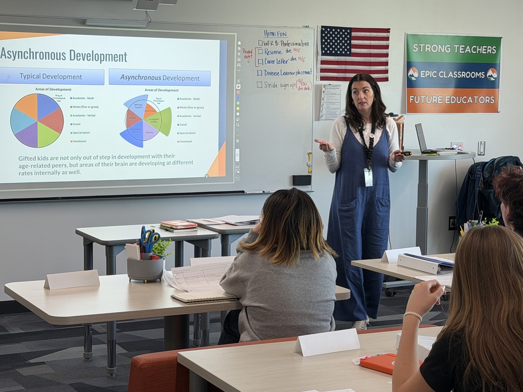 A classroom with a teacher in front of a screen and a circle graph. Students sit at desks, facing the teacher.
