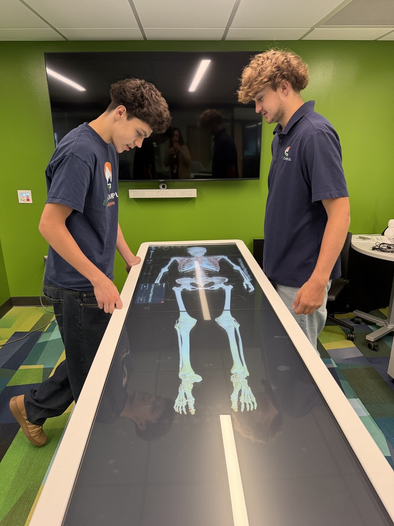 Two boys inspect an interactive screen displaying a human skeleton while standing in a room with green walls.