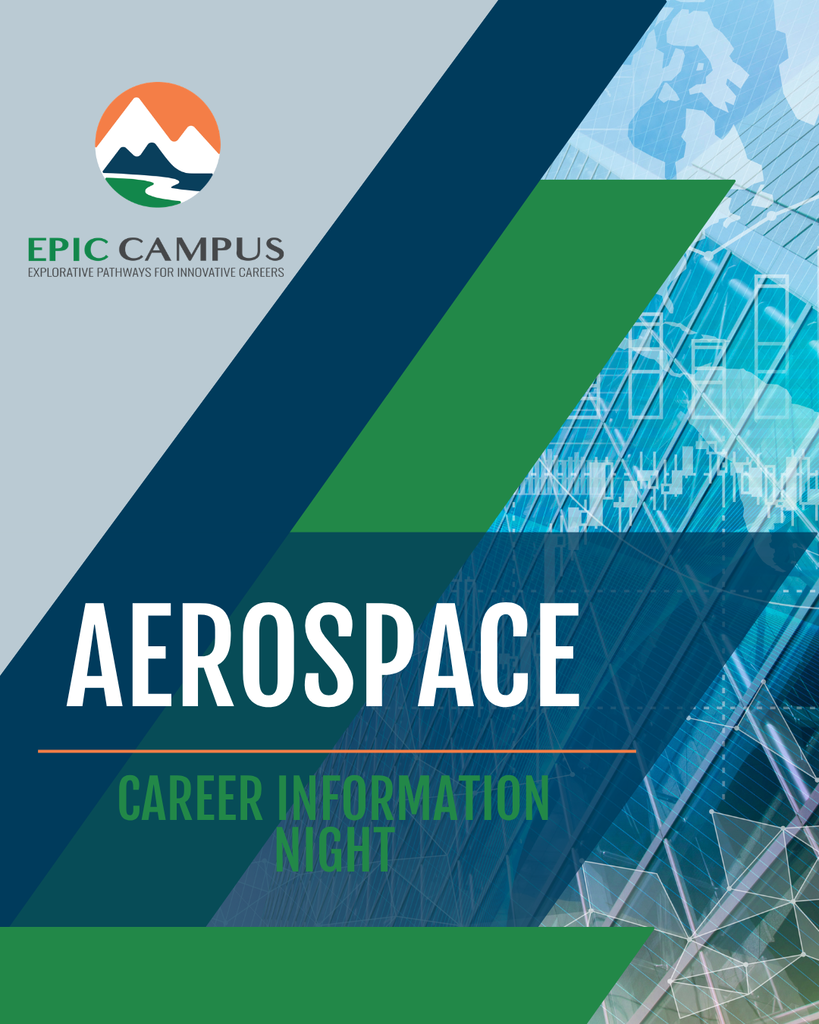 EPIC Campus graphic for Aerospace Career Information Night featuring mountains logo and geometric patterns.