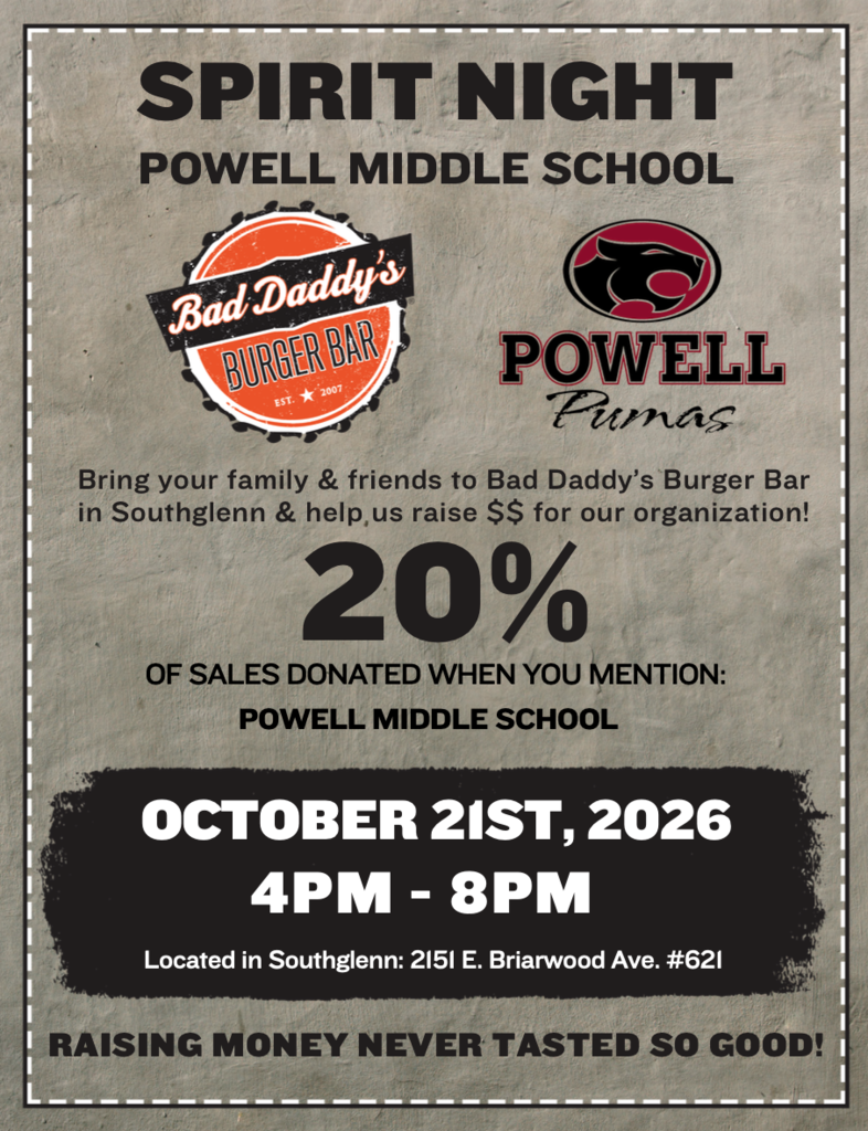 Flyer for Powell Middle School Spirit Night at Bad Daddy’s Burger Bar on Oct 21, 2026, 4–8 PM; 20% of sales donated.