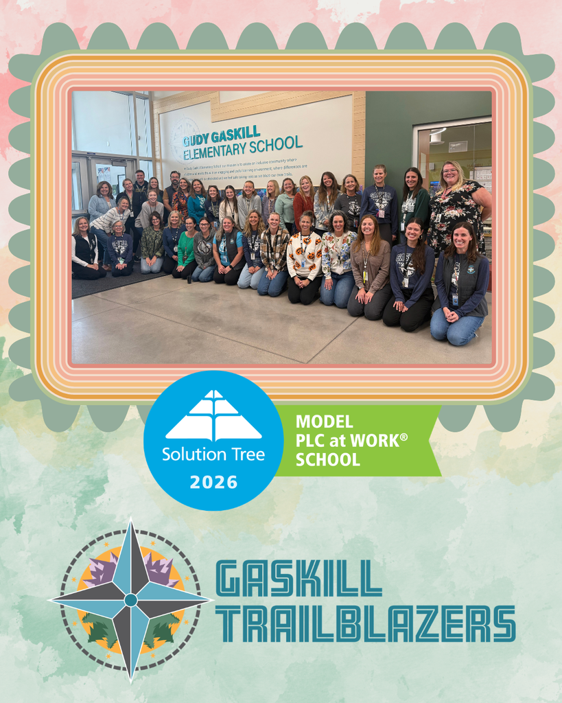 Gudy Gaskill Elementary staff photo celebrating selection as a 2026 Solution Tree Model PLC at Work School.
