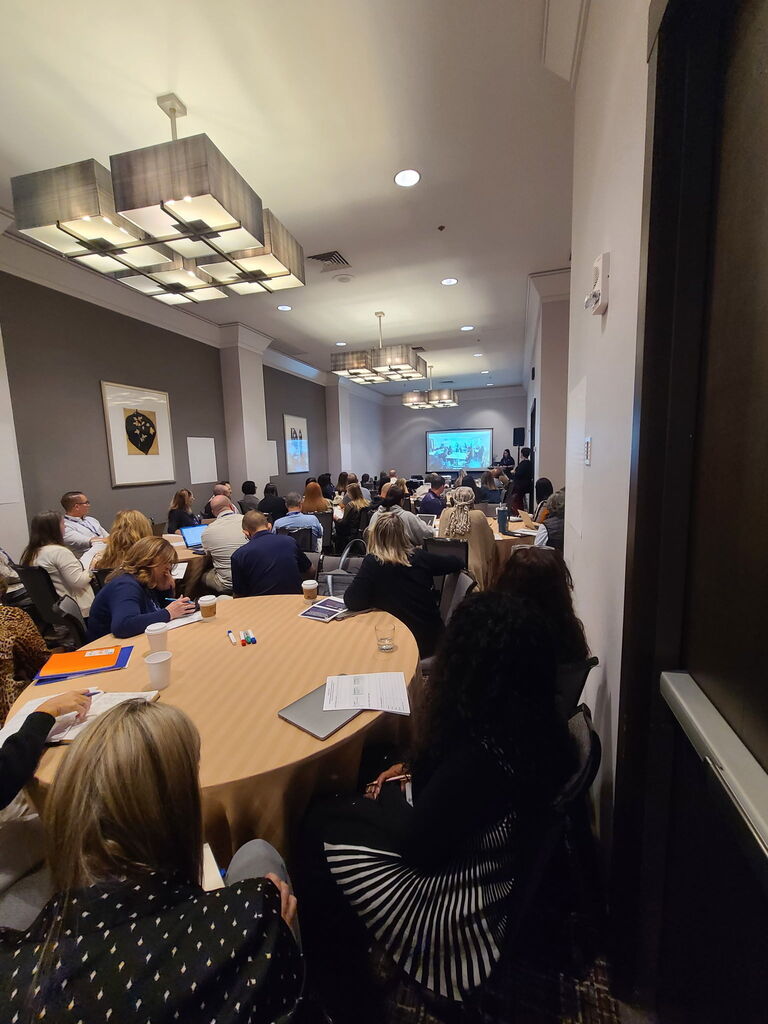Room with a projector screen and people seated around a table. A ceiling with lights is visible.