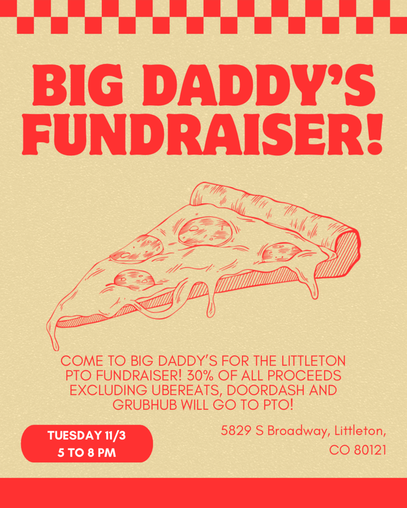Red poster featuring pizza slice dripping cheese. Text reads "Big Daddy's Fundraiser!" with address and time.