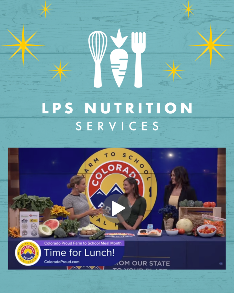 A video frame featuring "LPS Nutrition Services" with white icons above three women at a table with fresh produce.