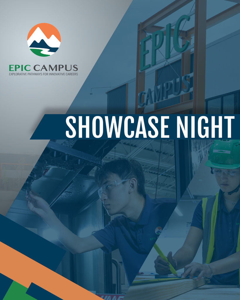 Promotional graphic for EPIC Campus Showcase Night featuring students working on technical projects.