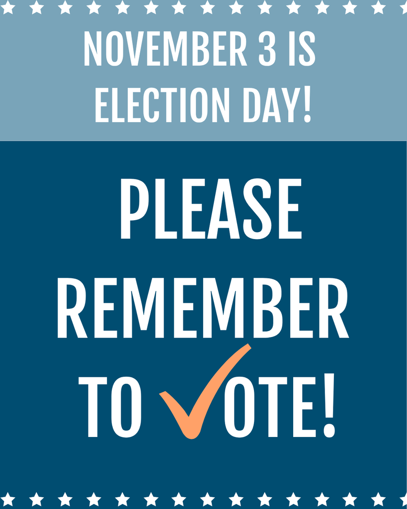 Graphic with white stars and text reading "November 3 is Election Day! Please remember to VOTE!" with an orange checkmark.