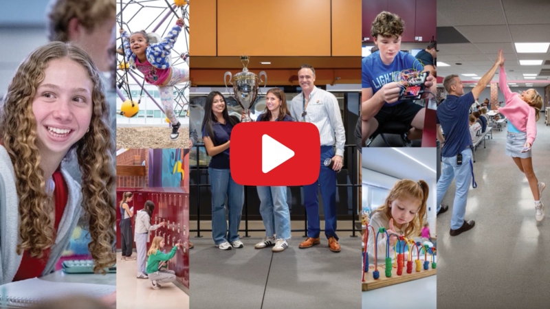 Photo collage of Littleton Public Schools students and staff in activities with a red video play button overlaid.