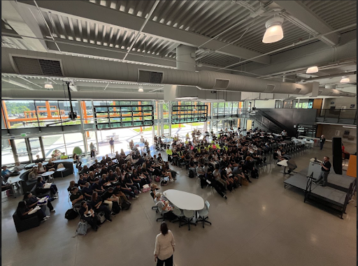 Students gather in the Great Hall on the first day of class for a welcome speech from Mr. Amonson.
