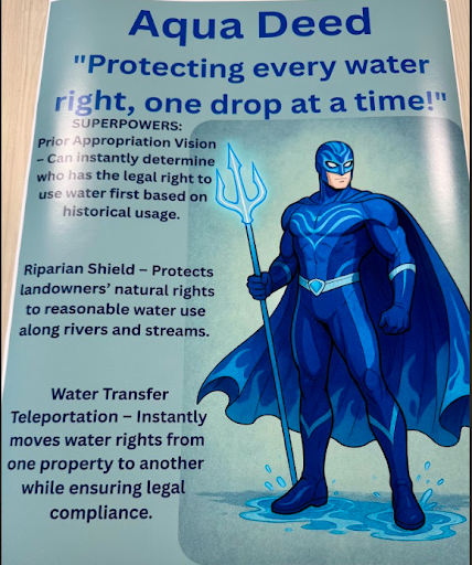 A poster shows a comic-style superhero named Aqua Deed in a blue suit, holding a glowing trident. His superpowers, including Prior Appropriation Vision and Riparian Shield, are listed to the side.
