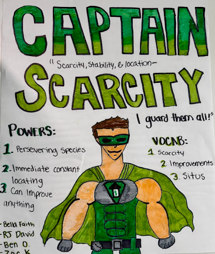 A drawing of a superhero named Captain Scarcity, wearing a green and gray suit with a cape and a green mask. The drawing includes a list of his powers, a vocabulary section, and the artist's names.