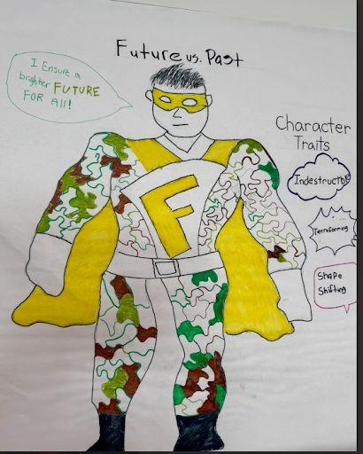 A hand-drawn superhero with a large yellow "F" on his chest, a yellow cape, and a camouflage pattern on his limbs. A speech bubble contains the phrase "I Ensure a brighter FUTURE for all!", and a list of his traits is also present.