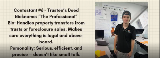 Text describing "Contestant #6 - Trustee's Deed" with a bio and personality, next to a photo of a young man indoors.