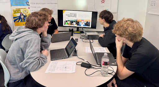 Four students sit around a table with laptops, focusing on a monitor displaying a presentation titled "Government Involvement in Real Estate Financing".