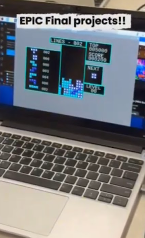 A laptop screen displays a student-coded Tetris game under the banner "EPIC Final projects!!".