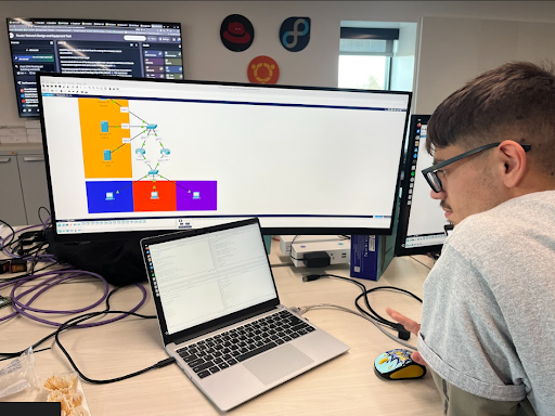 Student looking at a Cisco Packet Tracer network topology diagram on a large monitor.