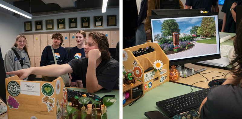 Trevor Renfro, an environmental horticulture student at CSU, talks about their designs with visiting high schoolers.