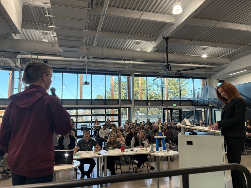 A speller faces the audience at the LPS spelling bee