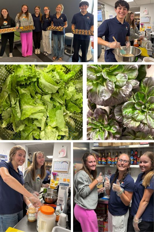 A collage of EPIC Campus students preparing food, baking cookies, and showing fresh lettuce and leafy greens.