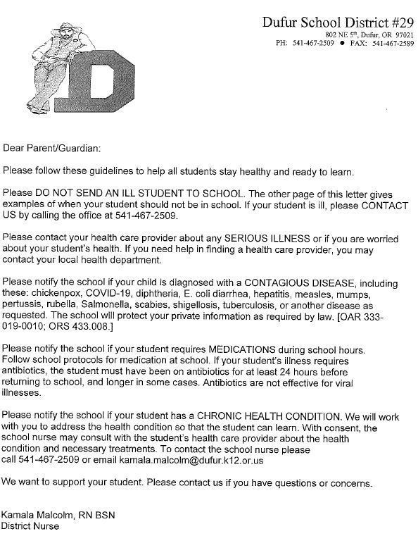 Letter from School Nurse