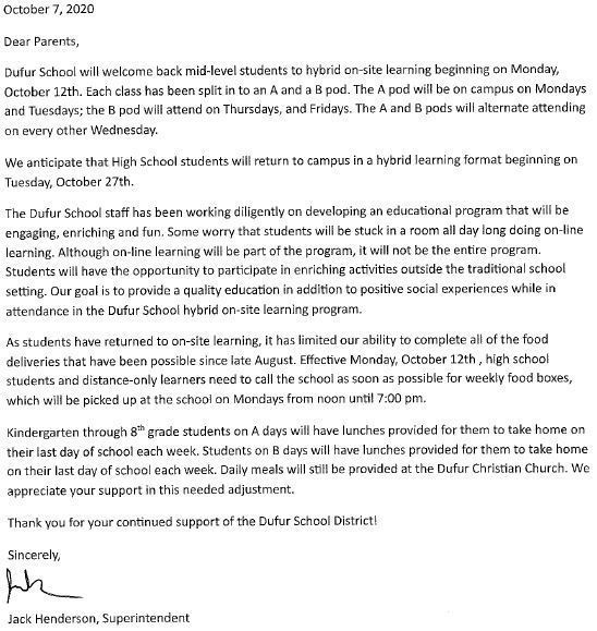 Letter from Superintendent