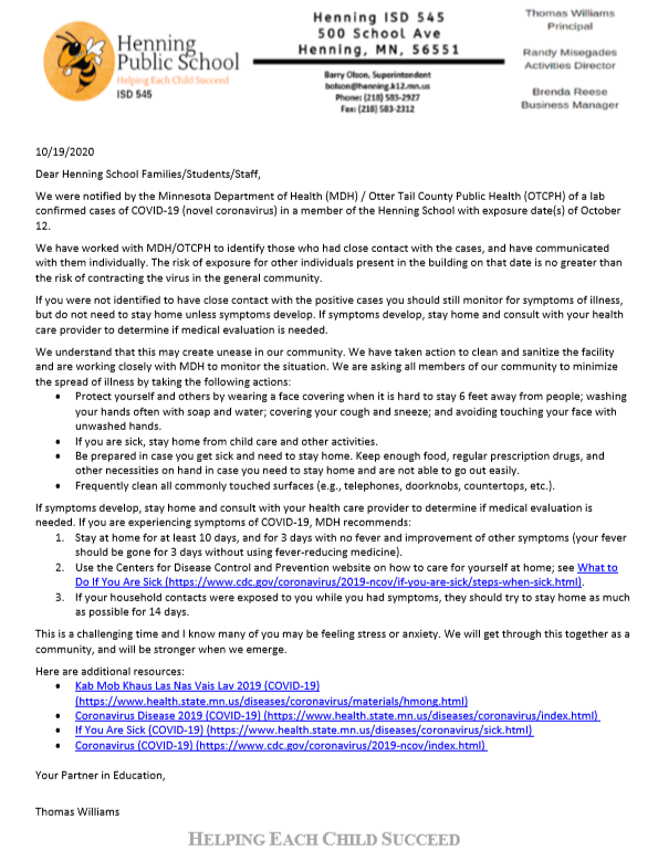 Positive Case Letter 10-19