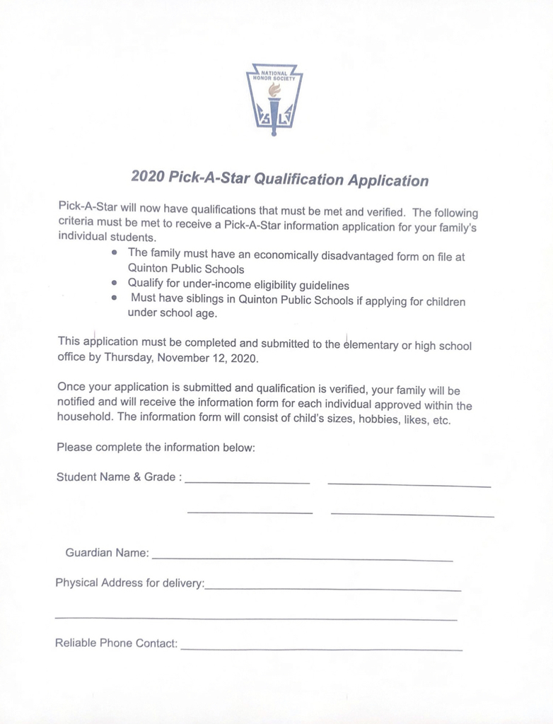 National Honor Society Pick-A-Star Program. There are new guidelines for this program. Please read the following attachment for details.