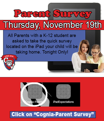 All Parents with a K-12 student are asked to take the quick survey located on the iPad your child will be taking home. Tonight only!