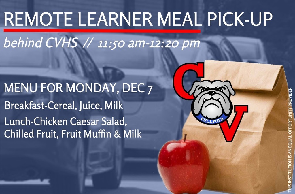 Photo of Cars in Drive-thru with text saying meal pick up will be behind the high school from 11:50 a.m.-12:20 p.m. Today's Menu is Breakfast: Cereal, Juice & Milk. Lunch: Chicken Caesar Salad, chilled fruit, muffin and milk.