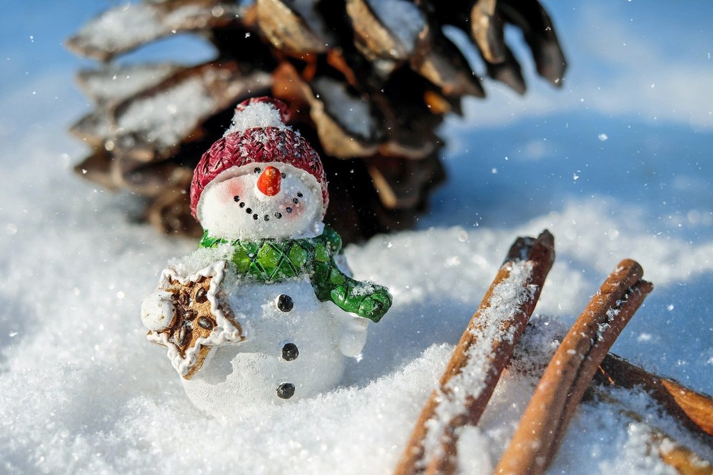 toy snowman with red hat and green scarf sitting in the snow next to a pinecone