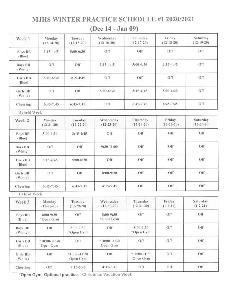 Revised on 12-11-20 MJHS winter practice schedule