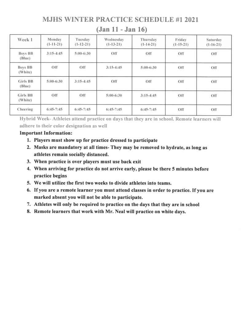 MJHS practice schedule for January 11th through January 16th