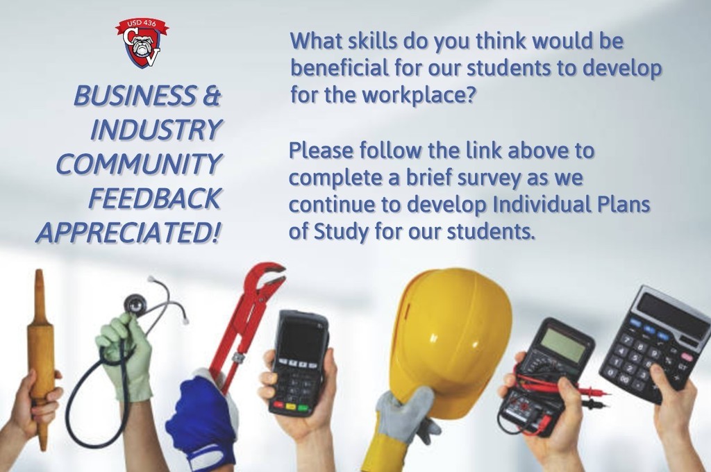 Photo depicting different tools used in career fields. Text asking community to complete survey to help develop Individual Plans of Study for students.