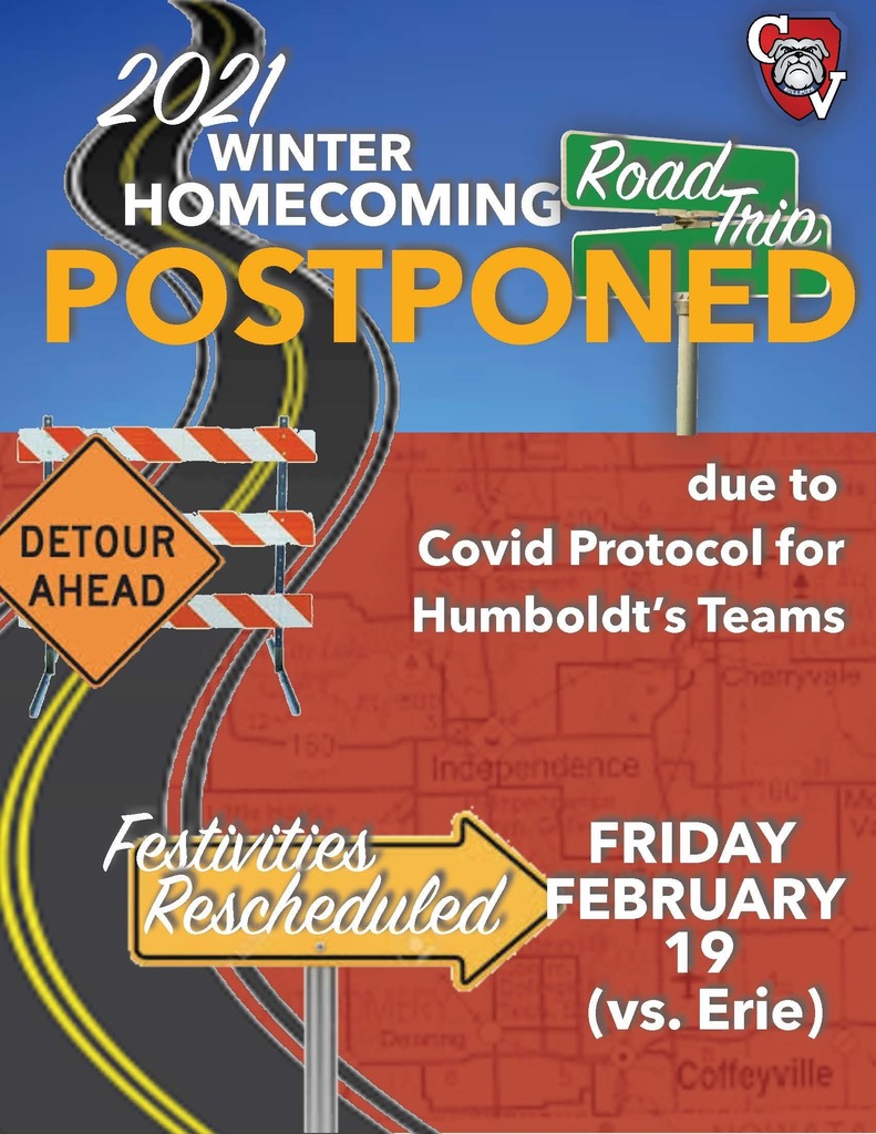 Text with road signs "Winter Homecoming Postponed"