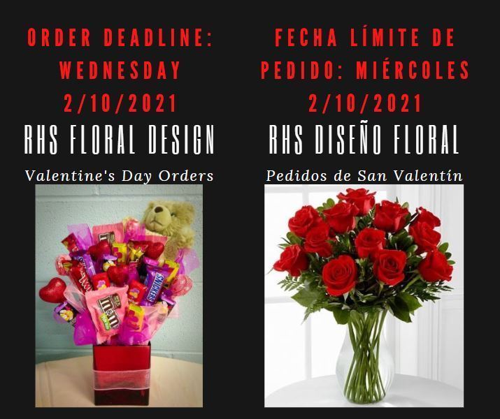 ORDER NOW! RHS Valentine's Day Bouquet Orders Deadline is TODAY, Wednesday, 2/10/2021. Visit http://bit.ly/3jAw9MU to place your order.