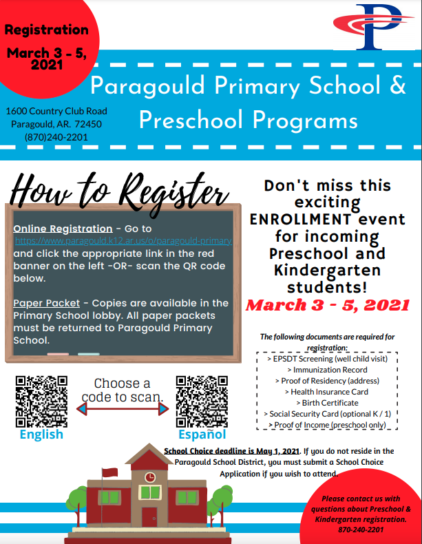 2021 registration flyer - go to paragould.k12.ar.us/o/paragould-primary to find out more