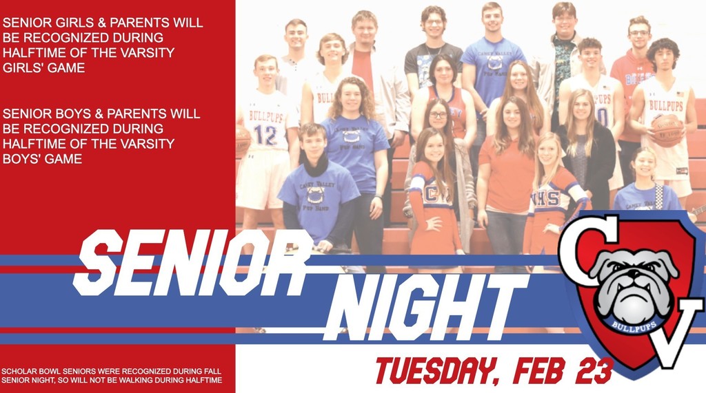 Photo of group of senior participants with text: Senior Girls & Parents will be Recognized at Halftime of the Varsity Girls' Game. Boy Participants & Parents will be Recognized at Halftime of the Boys' Varsity Basketball Game.