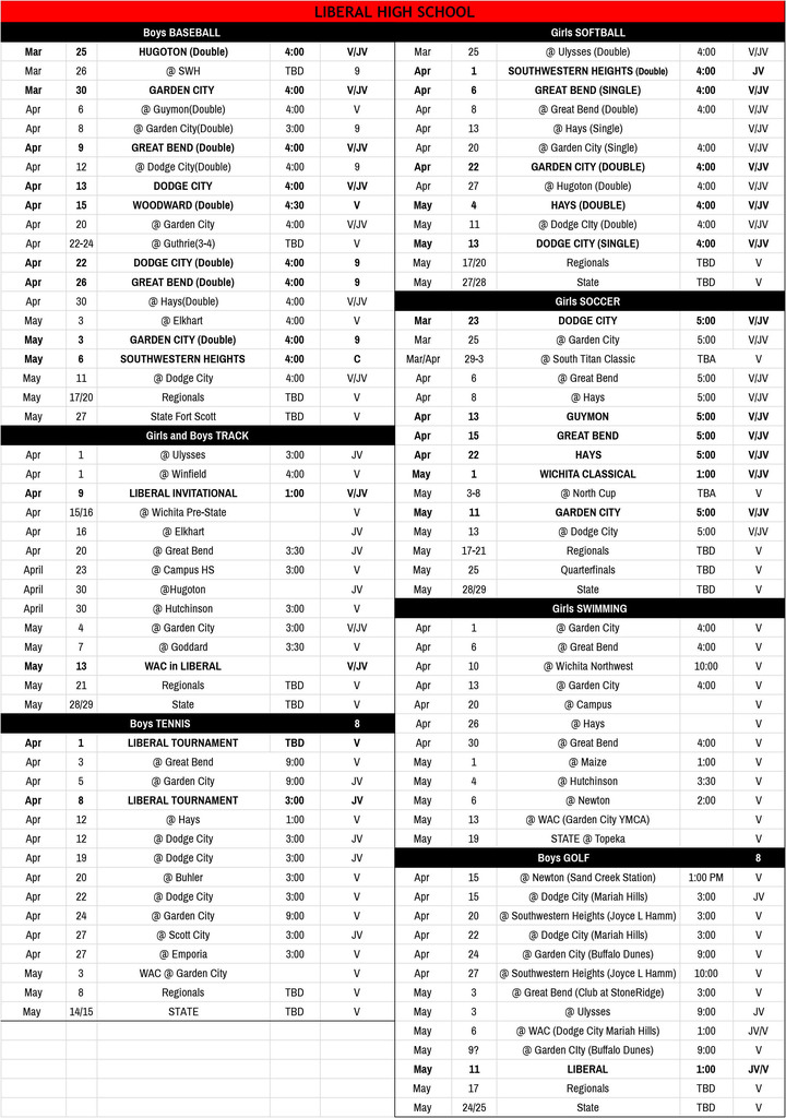 LIBERAL HIGH SCHOOL SPRING SPORTS SCHEDULE