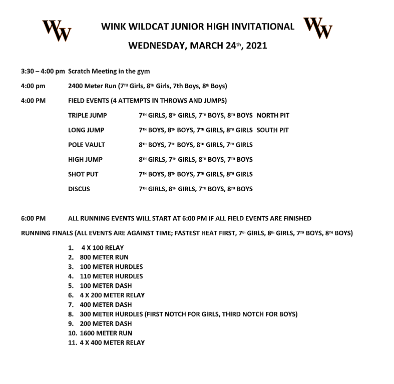 Wink Jh Track Meet info.