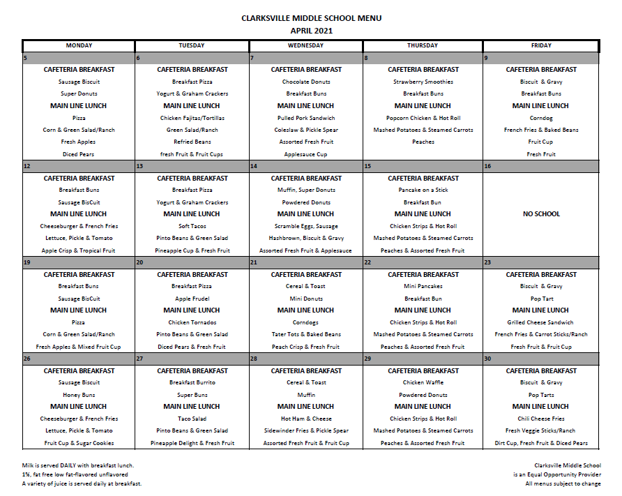 CMS April Menu
