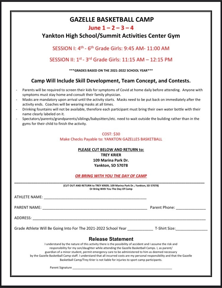 registration for gazelle basketball camp grade 1-6 June 1-4