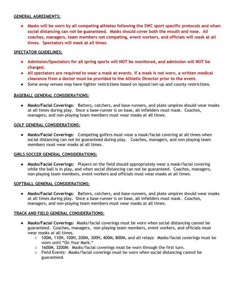 SWC Spring Sport Guidelines