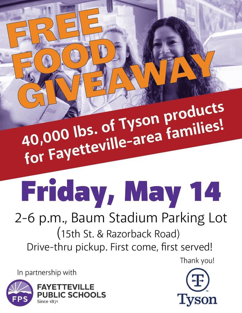 Each family will receive 40 lbs. of frozen Tyson protein products. First come, first served until it's gone!