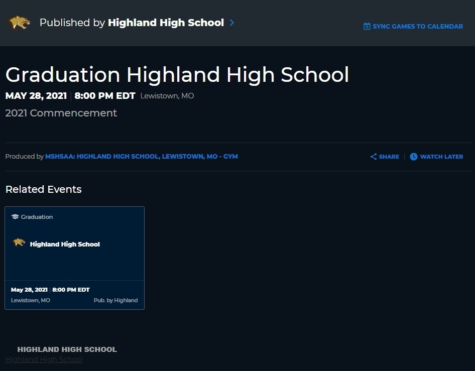 Screenshot of the NFHS site showing the link to stream HHS's graduation ceremony on May 28th at 7pm central time.