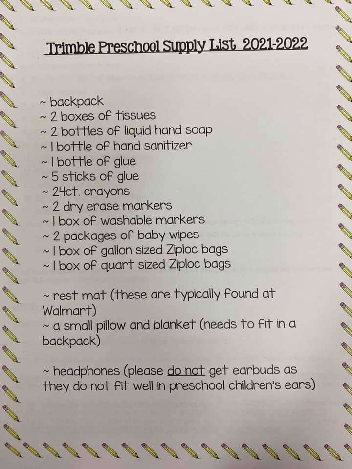 PreK Supply List