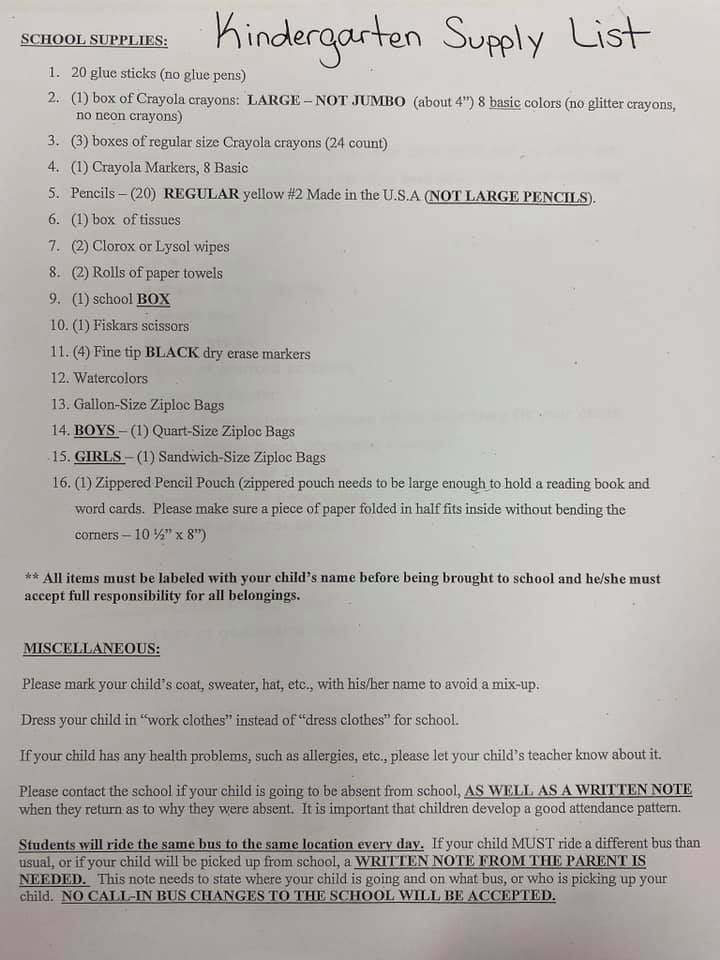 KG Supply List
